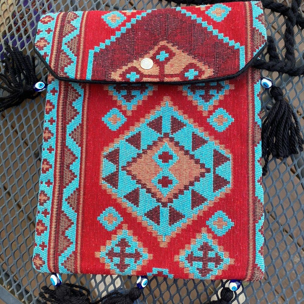Kilim Crossbody Handbag Rug Tapestry Turkish  Purse  Bag Nazar  Evil Eye Beads